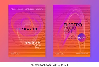 Electronic fest. Dynamic gradient shape and line. Bright concert invitation set. Neon electronic fest flyer. Electro dance music. Trance sound. Club event poster. Techno dj party.