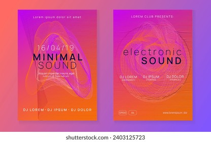 Electronic fest. Dynamic gradient shape and line. Curvy discotheque magazine set. Neon electronic fest flyer. Electro dance music. Trance sound. Club event poster. Techno dj party.
