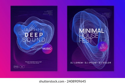 Festival electrónico. Forma y línea de degradado dinámico. Invitación de show de energía. Volante electrónico neón del festival. Música de baile de moda. Sonido de trance. Afiche del evento en el club. Partido Techno dj.