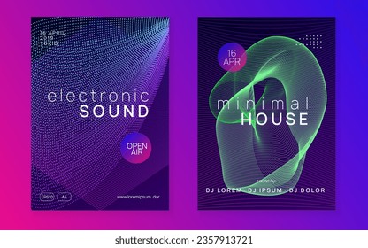 Electronic fest. Energy show brochure set. Dynamic fluid shape and line. Neon electronic fest flyer. Electro dance music. Trance sound. Club event poster. Techno dj party.