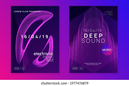 Electronic fest. Futuristic concert invitation set. Dynamic fluid shape and line. Neon electronic fest flyer. Electro dance music. Trance sound. Club event poster. Techno dj party.