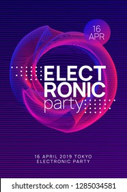 Electronic fest. Minimal discotheque invitation concept. Dynamic gradient shape and line. Neon electronic fest flyer. Electro dance music. Trance sound. Club event poster. Techno dj party.