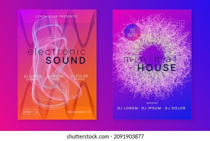 Electronic fest. Minimal discotheque invitation set. Dynamic fluid shape and line. Neon electronic fest flyer. Electro dance music. Trance sound. Club event poster. Techno dj party.