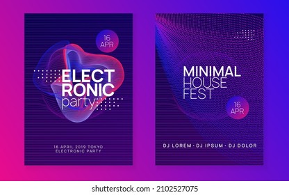 Electronic fest. Modern concert magazine set. Dynamic fluid shape and line. Neon electronic fest flyer. Electro dance music. Trance sound. Club event poster. Techno dj party.