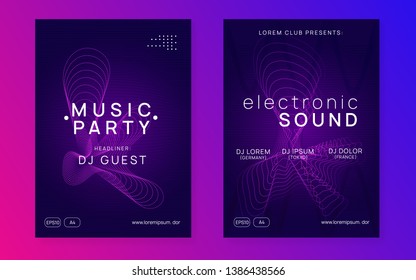 Electronic fest. Wavy discotheque cover set. Dynamic gradient shape and line. Neon electronic fest flyer. Electro dance music. Trance sound. Club event poster. Techno dj party.