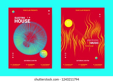 Electronic Festival Music Flyer. Sound Poster with Wave Lines and Round for DJ Promotion. Movement and 3d Effect. Abstract Music Amplitude. Distorted Equalizer. Cover Concept of Electronic Music.