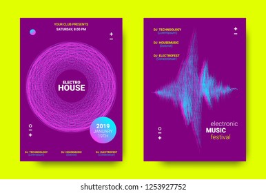 Electronic Festival Music Flyer. Sound Poster with Wave Lines and Round for DJ Promotion. Movement and 3d Effect. Abstract Music Amplitude. Distorted Equalizer. Cover Concept of Electronic Music.