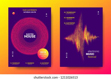 Electronic Festival Music Poster. Party Sound Flyer with Dotted Lines and Round with Movement Effect. Abstract Wave Amplitude. Distorted Wave Music Equalizer. Cover Design Concept of Electronic Music.