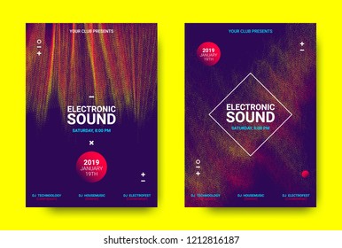 Electronic Festival Music Poster. Party Sound Flyer with Dotted Lines and Round with Movement Effect. Abstract 3d Wave Amplitude. Distorted Music Equalizer. Cover Design Concept of Electronic Music.