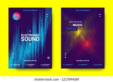 Electronic Festival Music Poster. Party Sound Flyer with Dotted Lines and Round with Movement Effect. Abstract 3d Wave Amplitude. Distorted Music Equalizer. Cover Design Concept of Electronic Music.