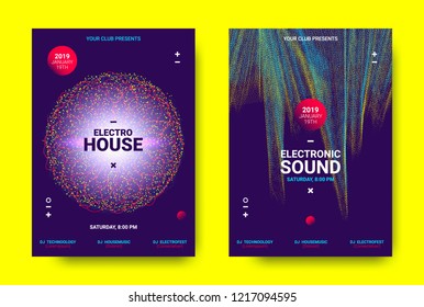 Electronic Festival Music Poster. Party Sound Flyer with Dotted Lines and Round with Movement Effect. Abstract 3d Wave Amplitude. Distorted Music Equalizer. Cover Design Concept of Electronic Music.