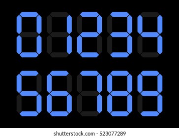 Electronic figures. Blue dial isolated on a black background. Numbers - 0, 1, 2, 3, 4, 5, 6, 7, 8, 9. LCD numbers set for a digital watch and other electronic devices. Vector illustration