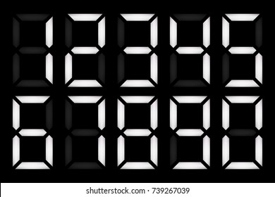 Electronic figures. dial isolated on a black background. Numbers - 0, 1, 2, 3, 4, 5, 6, 7, 8, 9. LCD numbers set for a digital watch and other electronic devices. Vector illustration