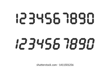 Electronic figures. Digital glowing numbers. LCD numbers for electronic devices. Regular and italic font. Vector illustration