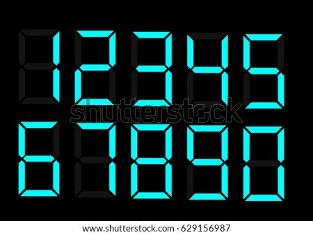 Electronic figures. Green dial isolated on a black background. Numbers - 0, 1, 2, 3, 4, 5, 6, 7, 8, 9. LCD numbers set for a digital watch and other electronic devices. Vector Eps 10