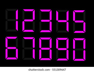 Electronic figures. Purple dial isolated on a black background. Numbers - 0, 1, 2, 3, 4, 5, 6, 7, 8, 9. LCD numbers set for a digital watch and other electronic devices. Vector Eps 10