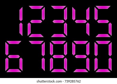 Electronic figures. Purple dial isolated on a black background. Numbers - 0, 1, 2, 3, 4, 5, 6, 7, 8, 9. LCD numbers set for a digital watch and other electronic devices. Vector illustration