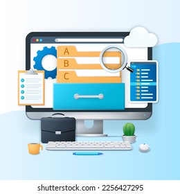 Banner für elektronische Dateiorganisation. Überwachen Sie die Anzeige mit den Symbolen der Datenordner auf dem Bildschirm. Konzept der Computertechnologie. Web-Vektorgrafik im 3D-Stil