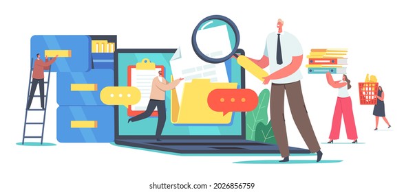 Electronic Files Organization, Document Management Concept. Digital Data Computer Archive Storage System, Information Database Catalog. Tiny Characters At Huge Laptop. Cartoon Vector Illustration