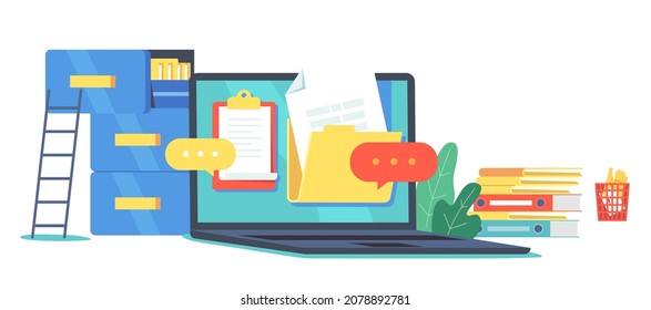 Electronic Files Organization, Document Management Concept. Digital Data Computer Archive Storage System, Information Database Catalog. Laptop, Drawers Files and Ladder. Cartoon Vector Illustration