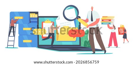 Electronic Files Organization, Document Management Concept. Digital Data Computer Archive Storage System, Information Database Catalog. Tiny Characters at Huge Laptop. Cartoon Vector Illustration