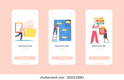 Electronic Files Organization Mobile App Page Onboard Screen Template. Tiny Characters in Archive Storage, Information Database Catalog, Document Management Concept. Cartoon People Vector Illustration
