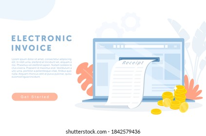 Electronic finance bill receipt vector illustration. Cartoon flat bank billing system service for online financial report invoice using home computer or laptop, digital banking business technology