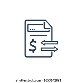 Electronic  financial documentation. Financial operations income, expense. Accounting control.Vector linear icon on a white background.