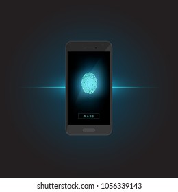Electronic fingerprint on pass scanning mobile phone screen, security check. Futuristic technology for digital security, identification, privacy system. Vector illustration concept for science, tech.