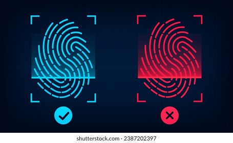 Análisis electrónico de huellas digitales. Autorización aprobada y fallida. Tecnología biométrica de alta tecnología con el fondo del análisis de huellas digitales. Concepto de seguridad empresarial. Ilustración del vector