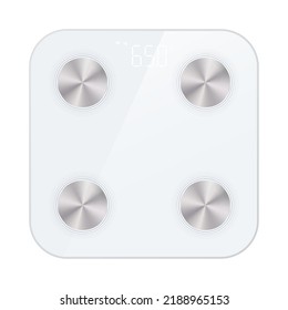 Electronic Floor Scales For Measuring Human Weight. Bathroom Glass Scales With Display With Information And Numbers. Top View. Control Of The Weight, Diet, Gain, Weight Loss. Vector Illustration