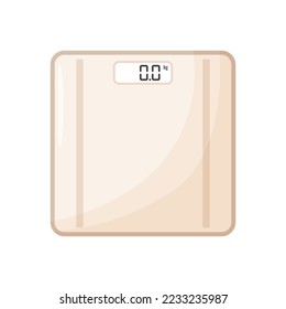 Electronic floor scales for measuring human weight. Scales with display with information and numbers. Top view. Control of the weight, diet, gain, weight loss. Vector illustration