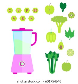 Electronic food and smoothie blender with different green food, vitamins  and vegetables. Vector illustration.