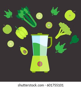 Electronic food and smoothie blender with different green food and vegetables. Vector illustration.