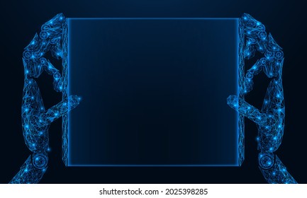An electronic frame in the hands of a mechanical robot. Polygonal construction of lines and points. Blue background. 