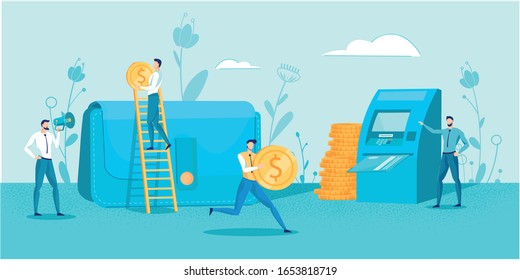 Electronic Funds Transfer. EFT and E-Banking. Online System for Wireless Money Transactions and Payment. People Transferring Gold Coins from Wallet to ATM on Credit Card. Vector Illustration