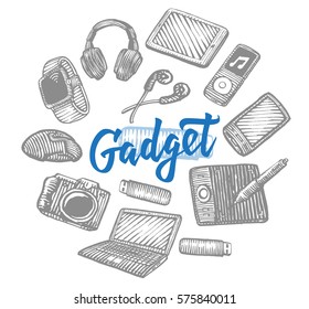 Electronic gadgets collection with modern portable devices and equipment in hand drawn style isolated vector illustration