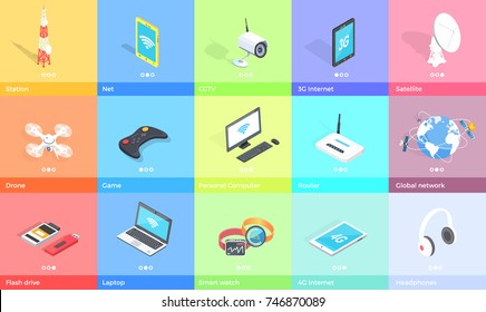 Electronic gadgets collection on colorful backgrounds vector poster in graphic design. Equipment set for entertaining and studying or working