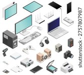 Electronic gadgets, devices and office equipment isometric vector icons large collection. Desktop computer, laptop, mobile phone, tablet, camera, and digital accessories for modern workplace