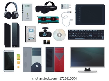 Aparatos electrónicos, dispositivos de tecnología digital y dispositivos informáticos, vectores. Tarjetas SIM y cargador de teléfonos móviles, monitor de PC y grabador de voz de almohadillas de estilo, disco duro y tarjeta de memoria micro SD