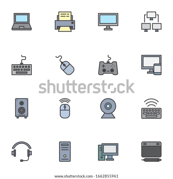 Electronic gadgets filled outline icons set,\
line vector symbol collection, Computer technology linear colorful\
pictogram pack. Signs, logo illustration, Set includes icons as\
laptop, desktop\
computer