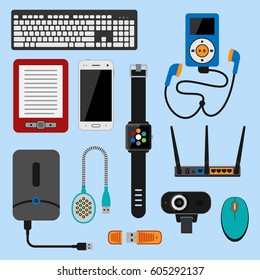 Electronic gadgets icons technology electronics multimedia devices everyday objects control and computer connection digital network vector illustration.