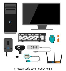 Electronic gadgets icons technology electronics multimedia devices everyday objects control and computer connection digital network vector illustration.