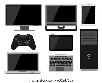 Electronic gadgets icons technology electronics multimedia devices everyday objects control and computer connection digital network vector illustration.
