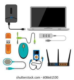 Electronic gadgets icons technology electronics multimedia devices everyday objects control and computer connection digital network vector illustration.