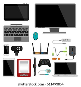 Electronic gadgets icons technology electronics multimedia devices everyday objects control and computer connection digital network vector illustration.