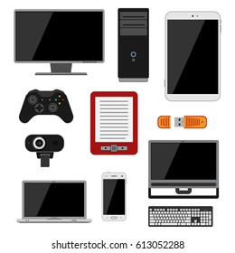Electronic gadgets icons technology electronics multimedia devices everyday objects control and computer connection digital network vector illustration.