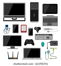 Electronic gadgets icons technology electronics multimedia devices everyday objects control and computer connection digital network vector illustration.