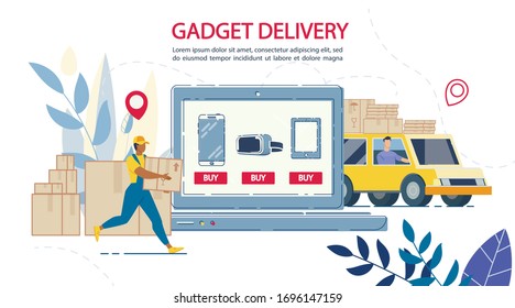 Electronic Gadgets Internet Shop with Delivery Online Service. Loader Putting Packages on Truck. Targeted Transportation to Location Destination. Buy Button on Laptop Screen under Appliance Assortment