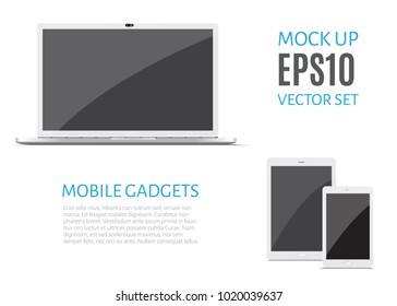  Electronic gadgets, isolated, on white background. Computer monitor, laptop, tablet and mobile phone. Realistic vector mock up.